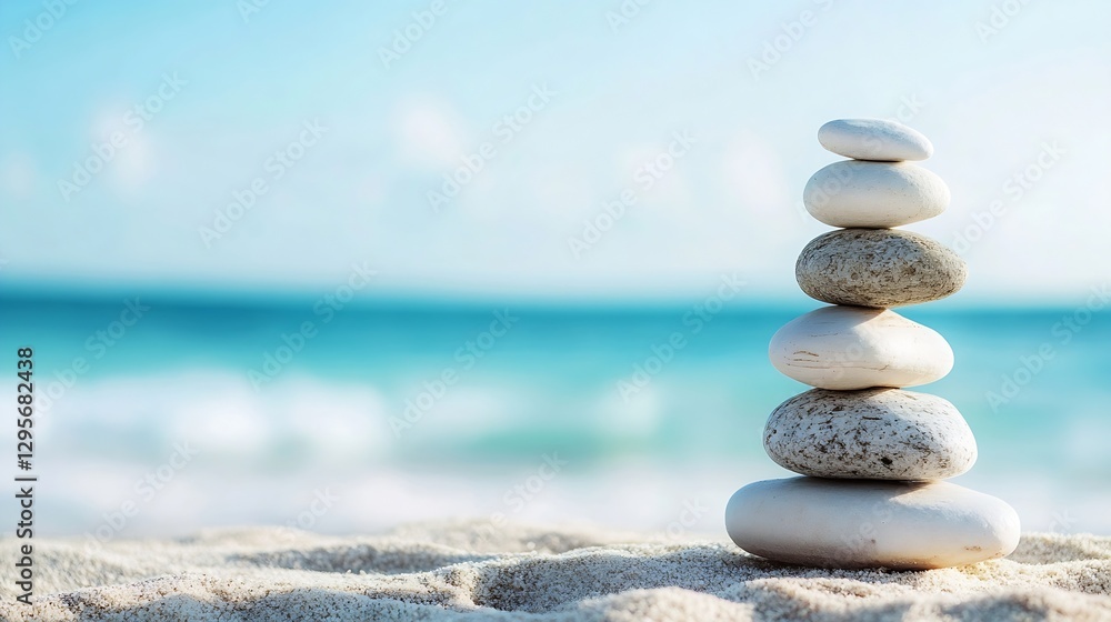 Aufkleber serene stack of smooth stones on sandy beach symbolizing balance and tranquility : generative ai
