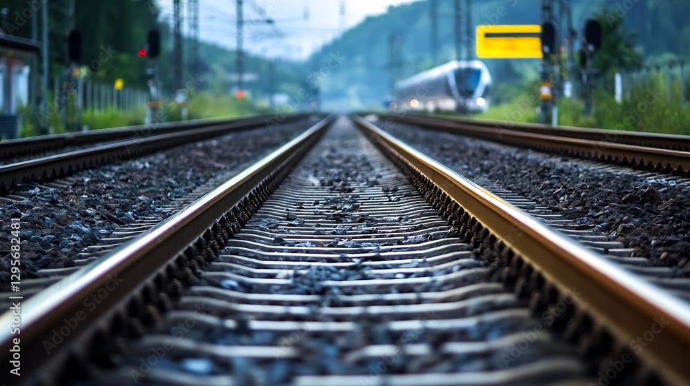 Aufkleber Low angle view of railway tracks leading towards a train arriving in a remote mountainous area : Generative AI