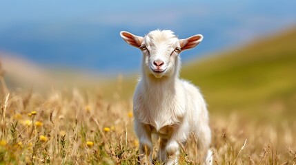 Obraz premium Adorable Young Goat Smiling Cheerfully Amidst Vibrant Wildflowers in a Sunny Field : Generative AI