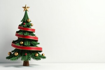 Simple Christmas tree with red green and gold stripes on a white background, gold, red