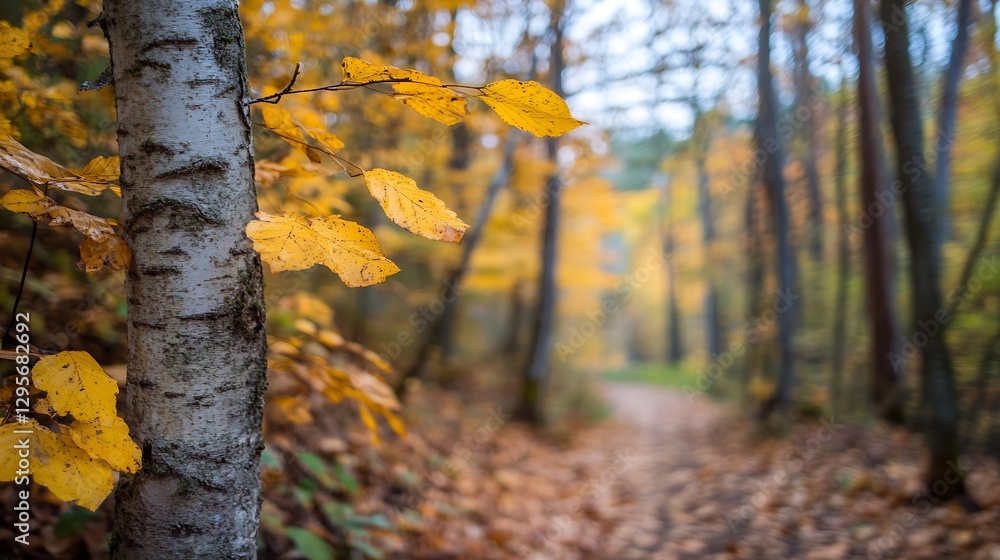 Poster Autumn forest path with yellowing leaves on trees creating a warm and inviting atmosphere for nature lovers : Generative AI