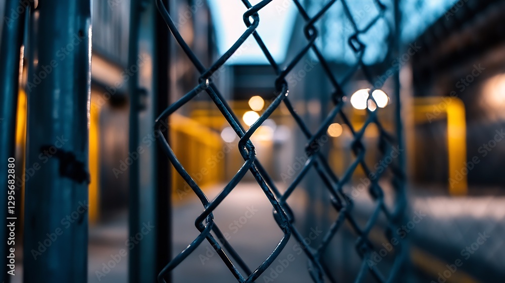Aufkleber close up of a chain link fence with an urban environment illuminated by warm lights in the backgroun