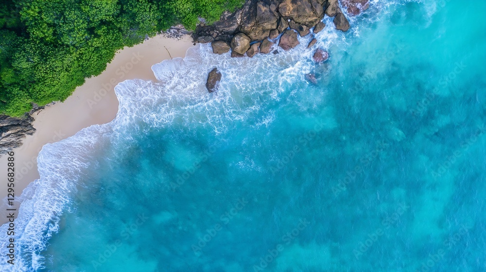 Poster aerial view of crystal clear turquoise waves gently lapping against sandy beach : generative ai