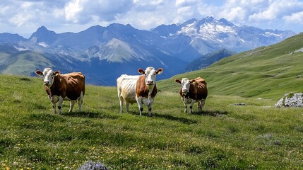 Naklejka premium Three Curious Brown and White Cows Grazing in Lush Green Pasture with Mountain Backdrop : Generative AI