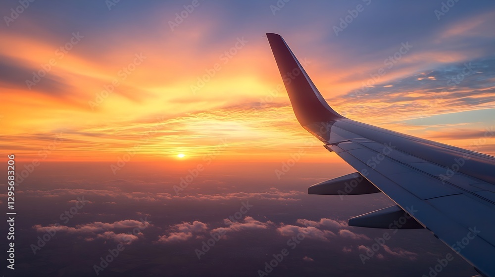 Poster stunning aerial view of an airplane wing against a colorful sunset sky with clouds creating a tranqu