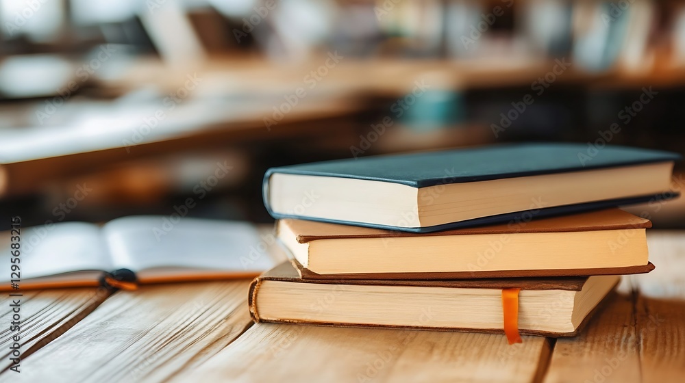 Poster Books Stack on Table with Open Book in Background Encouraging Learning and Creativity in Study Space : Generative AI