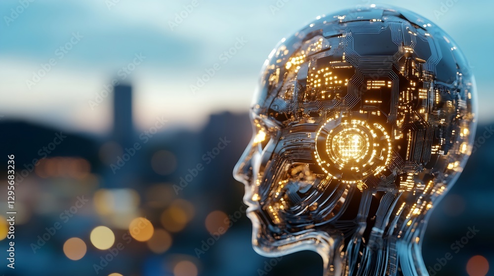 Poster futuristic humanlike robot head with glowing lights and city backdrop in the evening : generative ai