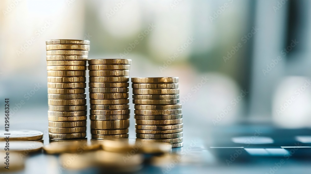 Poster stacks of shiny coins arranged in ascending order symbolizing financial growth and investment succes