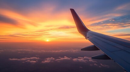 Obraz premium Stunning aerial view of an airplane wing against a colorful sunset sky with clouds creating a tranquil travel scene : Generative AI