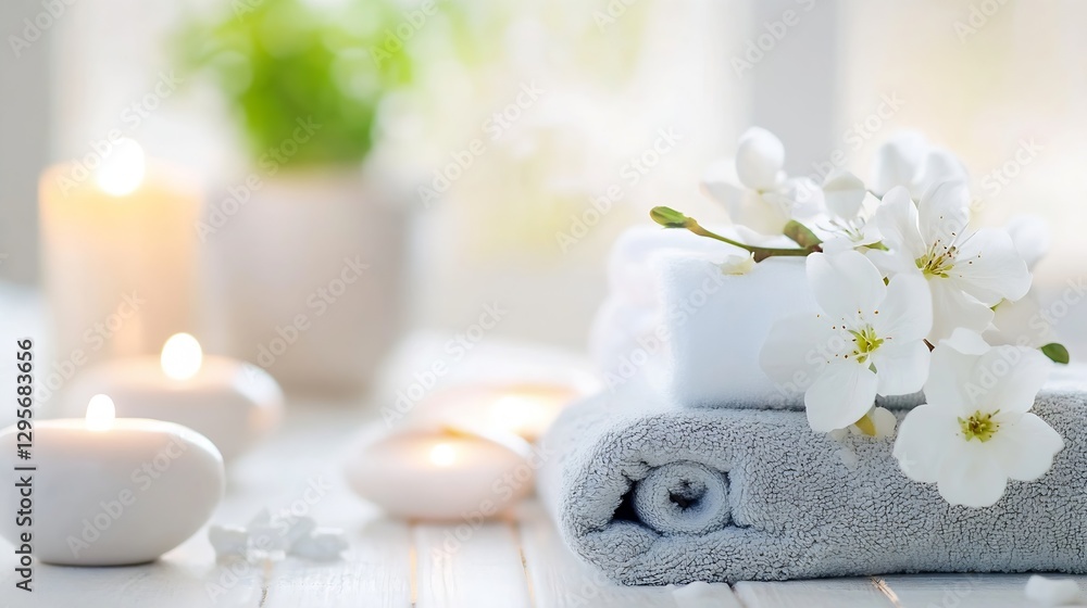 Poster Soft Relaxing Spa Arrangement with Candles Flowers and Towels for Serene Vibes : Generative AI