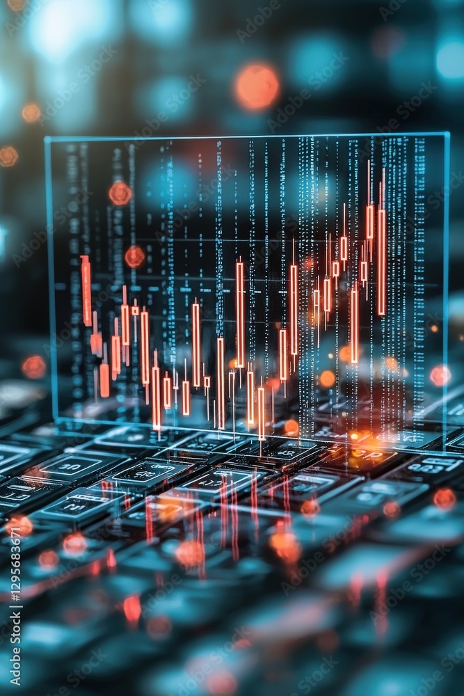Poster captivating digital representation of stock market analysis featuring a glowing graph overlay on a k