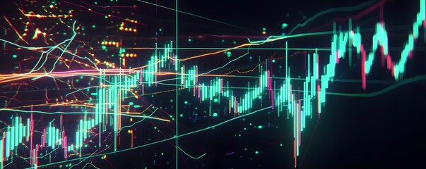 Financial market analysis is represented by a graph with bright lines