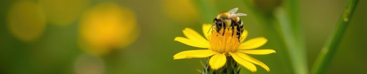 Single bee on thistle flower collecting pollen, yellow, flower