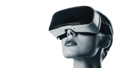 Woman wearing virtual reality headset immersed in cyberspace experience