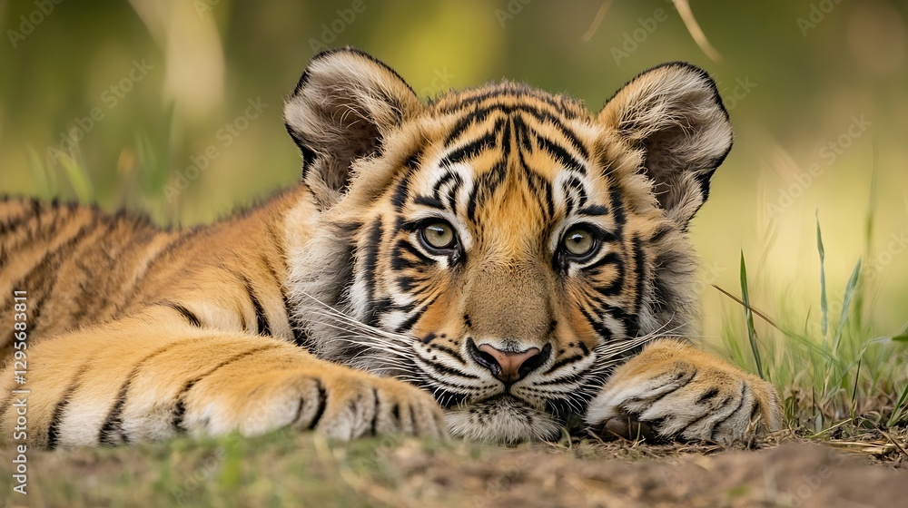 Poster close up of a majestic tiger cub resting calmly on the ground in a wild natural habitat : generative