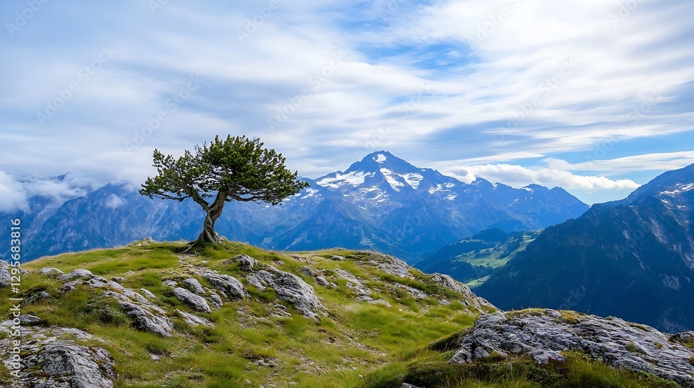 Poster lone tree perched on rocky hilltop with stunning mountain scenery and cloudy sky in the background :