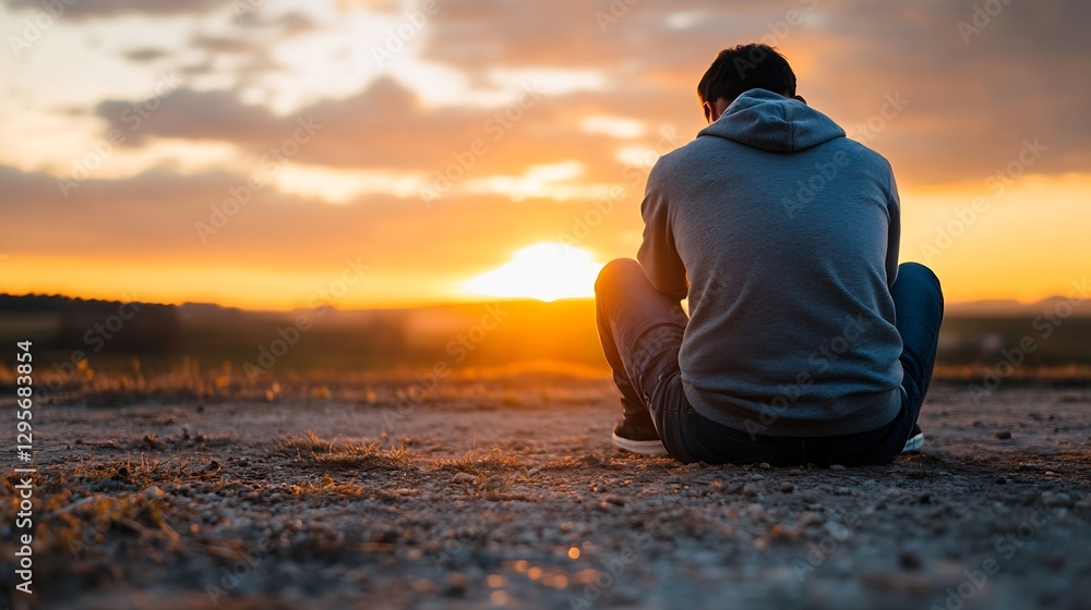 Poster young man sitting on the ground during sunset reflecting on life experiences evoking a sense of hope