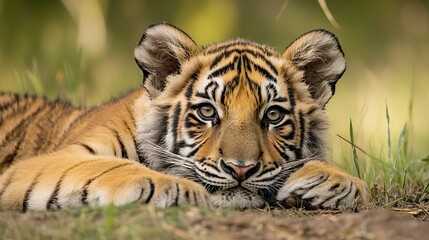 Fototapeta premium Close up of a majestic tiger cub resting calmly on the ground in a wild natural habitat : Generative AI