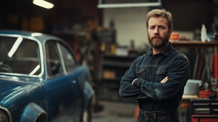 Skilled Mechanic in Workshop with Classic Blue Car, Focused Expression, Professional Tools and Equipment for Automotive Restoration and Repair