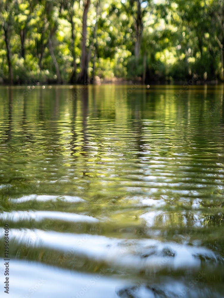 Aufkleber Serene reflection of lush trees on calm water creating a tranquil nature scene in vibrant and lush greenery : Generative AI