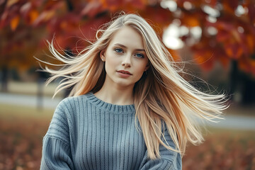 Fototapeta premium young woman wearing a sweater with hair flying in the autumn wind, generative ai