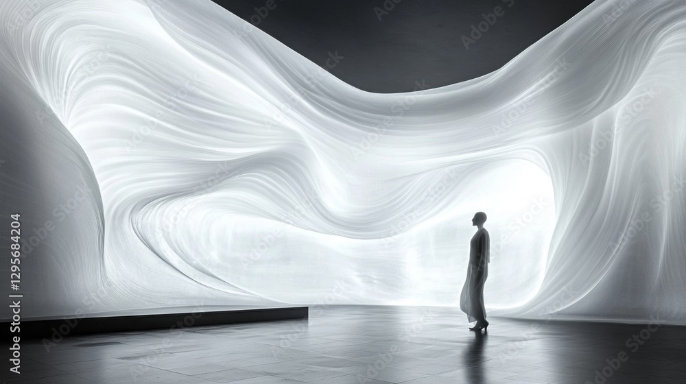 Poster a figure dressed in flowing attire gazes at an immersive installation created from soft, undulating 