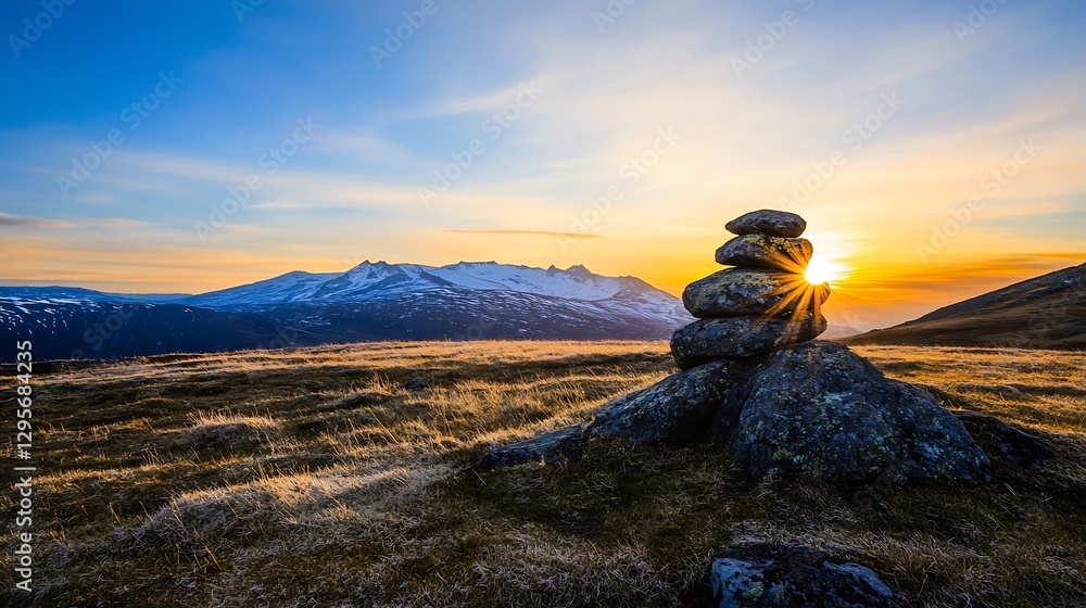 Poster Stunning sunset view with layered mountains and a stone stack symbolizing tranquility in nature : Generative AI