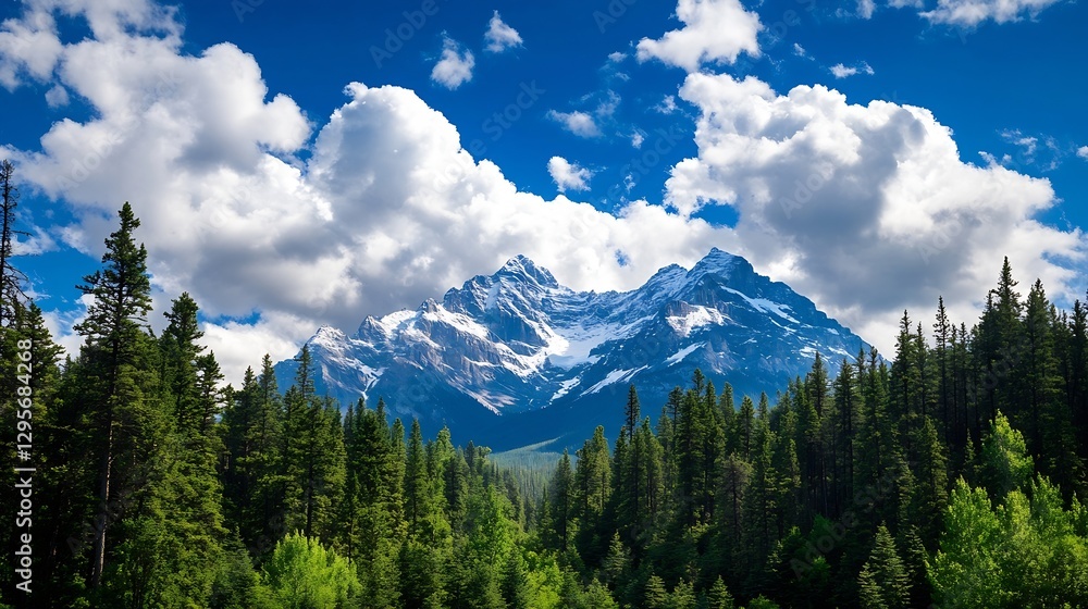 Poster majestic panoramic view of towering snow capped mountains under a vibrant blue sky with fluffy white