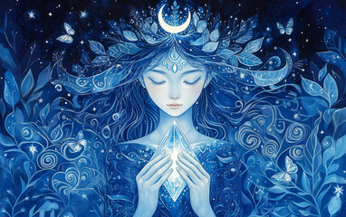 Divine goddess holds glowing triangle crystal bursting light rays, crowned with crescent and swirling patterns, amidst nature motifs, fireflies, butterflies, and starlight. wakening and cosmic harmony
