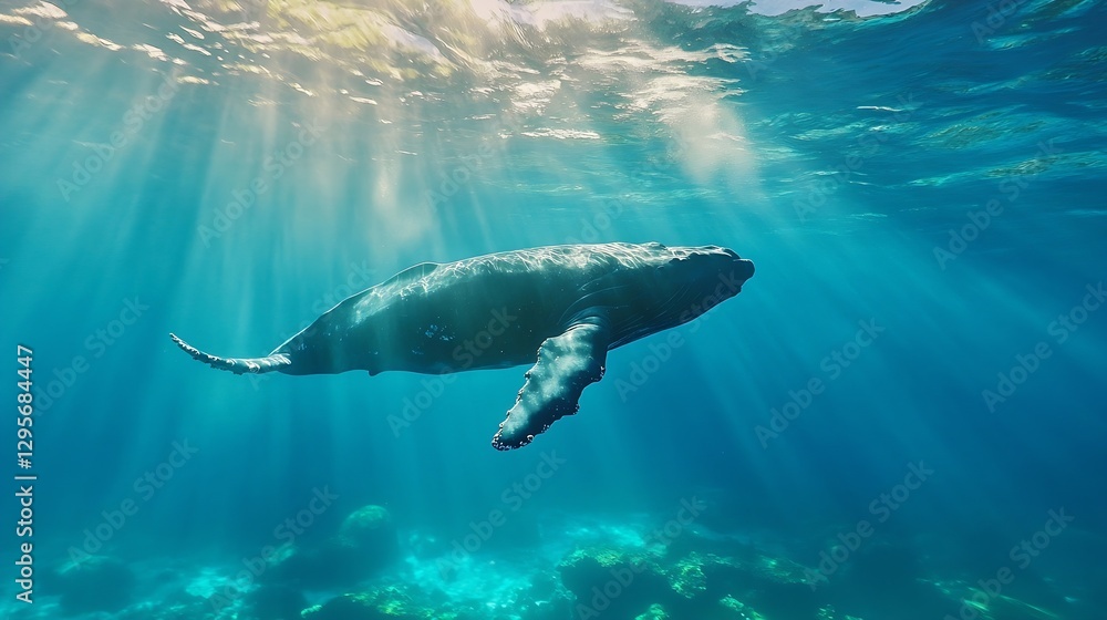 Poster graceful humpback whale swimming underwater illuminated by sun rays creating a serene oceanic scene 