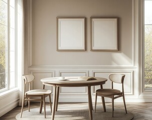Beige dining room with artwork and natural light