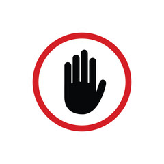 Simple red stop road sign with big hand symbol or icon. stop sign. red forbidding sign. stop hand gesture. do not enter. dangerous