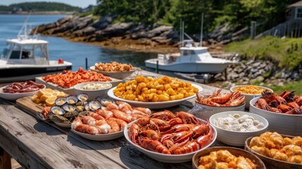 Seafood feast on a wooden table with boats in the background. Variety of shellfish, shrimp, oysters, and crawfish. Outdoor dining concept.