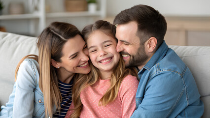 Obraz premium Loving parents embrace their cheerful daughter while sitting on a cozy couch in a bright, modern home, sharing happiness and warmth