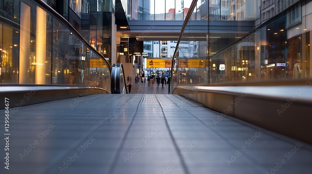 Poster Dynamic cityscape view from an escalator with bustling crowds and modern architecture : Generative AI