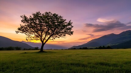 Fototapeta premium Majestic Tree Silhouetted Against a Vibrant Sunset Background : Generative AI