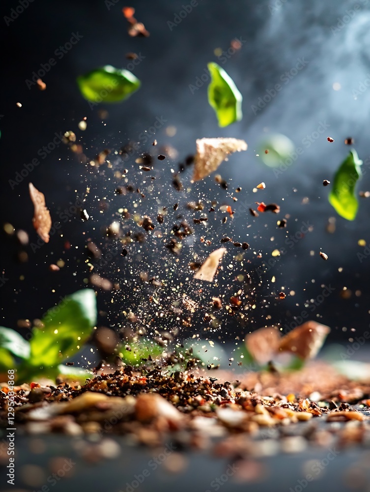 Poster sprinkling an assortment of spices and herbs in a dramatic culinary explosion on black background : 
