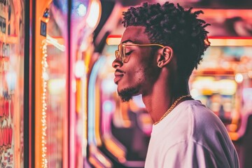 Obraz premium Retro arcade vibes: young man immersed in gaming nostalgia