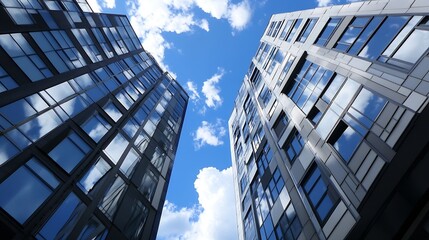 Fototapeta premium Architectural Marvel Skylines with Glass Towers Reflecting the Blue Sky : Generative AI