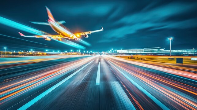 A long exposure shot of an airport at night with a passenger plane taking off and light trails