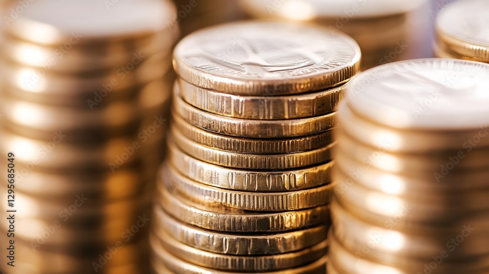 Poster CloseUp View of Stacked Gold Coins with Depth of Field Effect : Generative AI