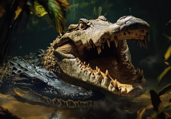 Fototapeta premium Majestic Crocodiles in a Lush River Environment Showcasing Teeth and Powerful Bodies Beneath Vibrant Green Foliage and Murky Water