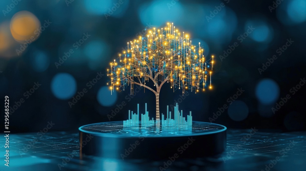 Poster digital tree with glowing lights and data background