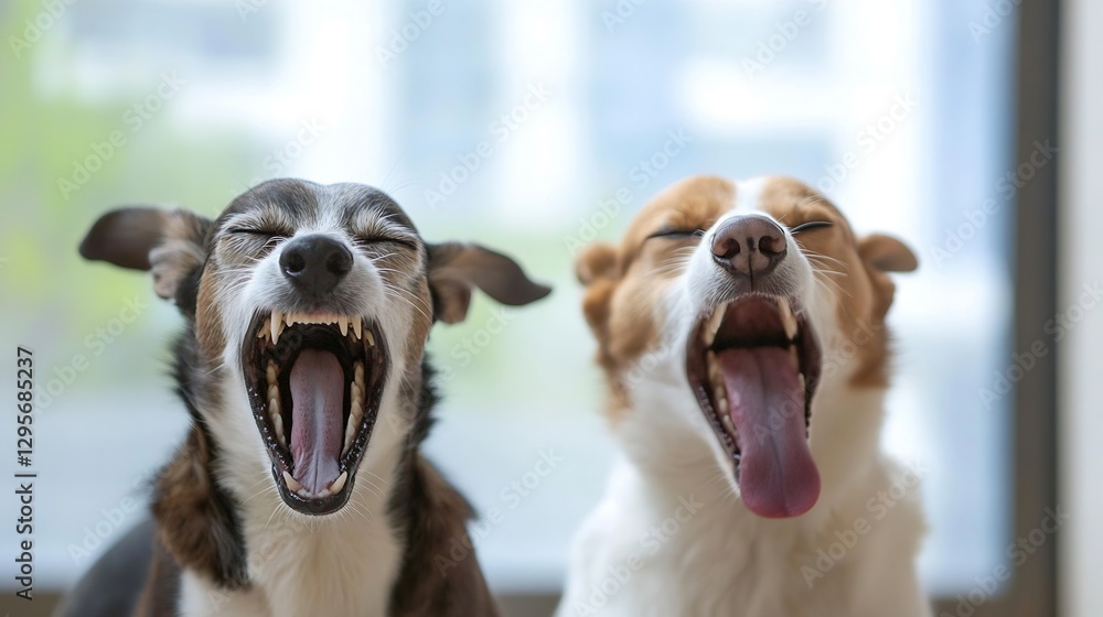 Poster two cheerful dogs with open mouths yawning joyfully in a cozy indoor setting : generative ai