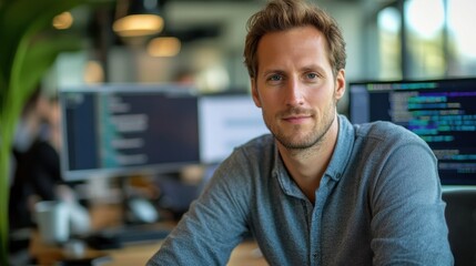 Obraz premium Leaned Desk Portrait of Young Professional Man in Modern Office with Computer Display Soft Focus Background and Natural Light