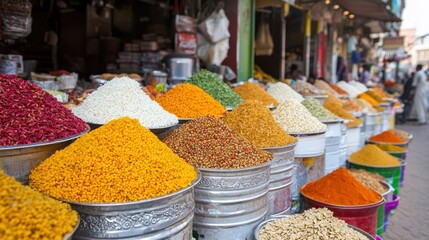 Fototapeta premium Spices and herbs at the spice market in Marrakesh, Morocco. Colorful spices in metal containers at a traditional market.