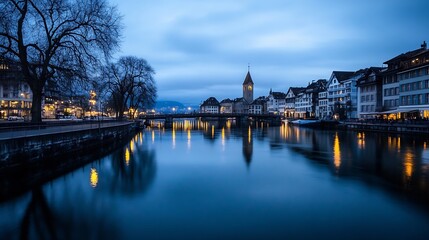 Naklejka premium Tranquil Twilight Scene of Zurich surrounded by Calm Waters and Historical Architecture : Generative AI