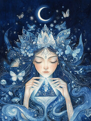 Divine goddess holds glowing triangle crystal bursting light rays, crowned with crescent and swirling patterns, amidst nature motifs, fireflies, butterflies, and starlight. wakening and cosmic harmony