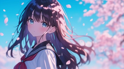 Naklejka premium 桜の木の下で髪をなびかせているアニメ調の日本人美少女