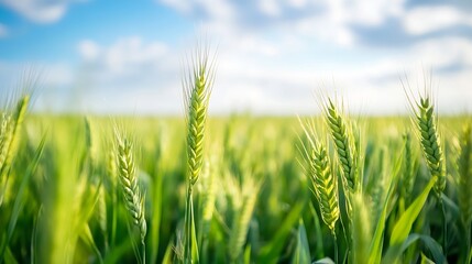Obraz premium Vibrant Wheat Field Under a Bright Blue Sky with Fluffy White Clouds : Generative AI